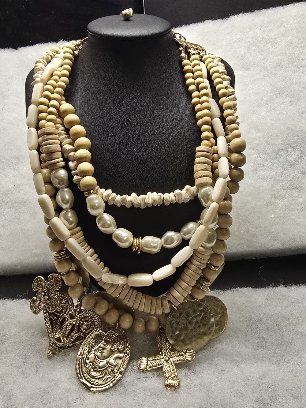 CHICO Multistrand Beige and Gold Statement Necklace - Layered Women’s Jewelry